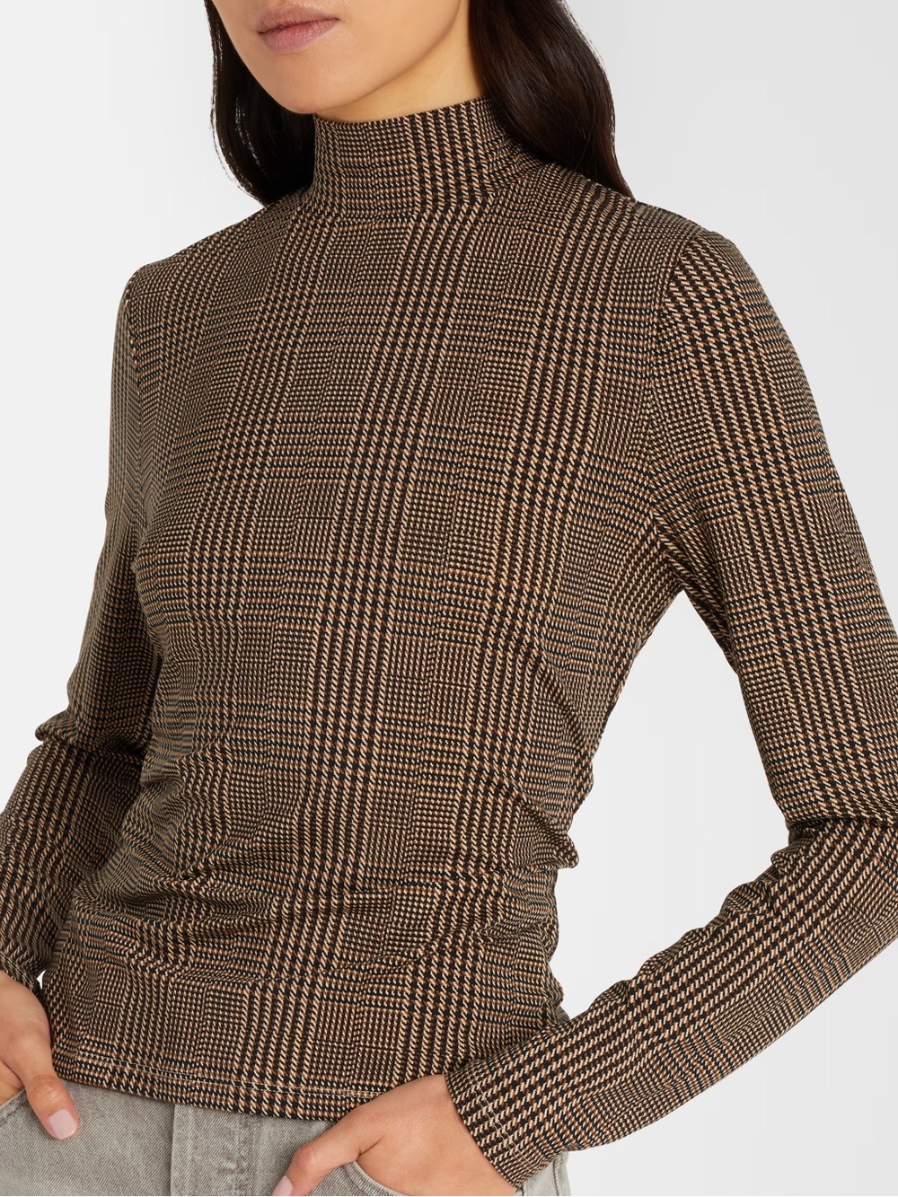 Veronica Beard Nate Houndstooth Jersey Top High-Neck Plaid Long-Sleeve, L